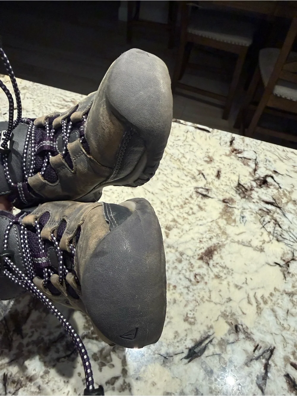Keen Kids Targhee low waterproof grayish brown Hiking Boots with purple laces.
